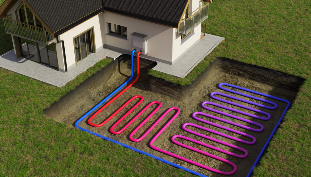 "Horizontal ground source heat pump system for heating home with geothermal energy. Depositphotos