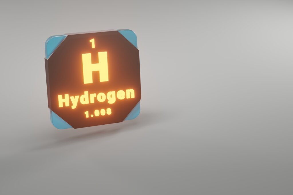 Depositphotos Beautiful abstract illustrations Standing black with fire Hydrogen H 1 element of the periodic table Modern design with golden elements 3d rendering illustration Blue gray background