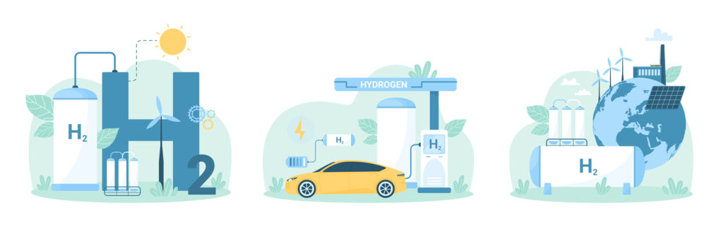 Green hydrogen production storage and refueling car set H2 fuel from electrolysis Depositphotos