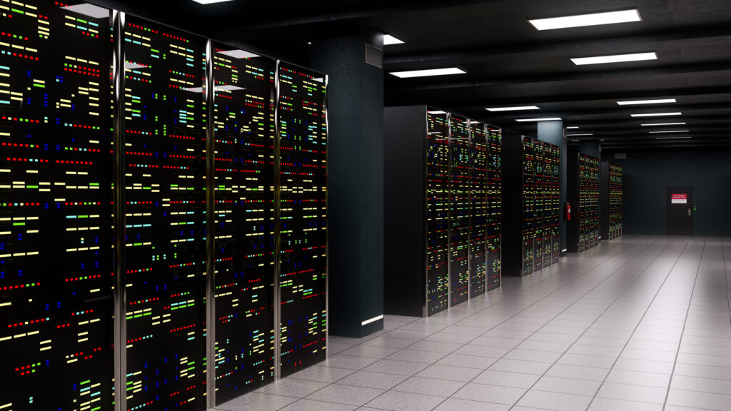 Modern server room with banks of computer equipment 3D rendered Depositphotos