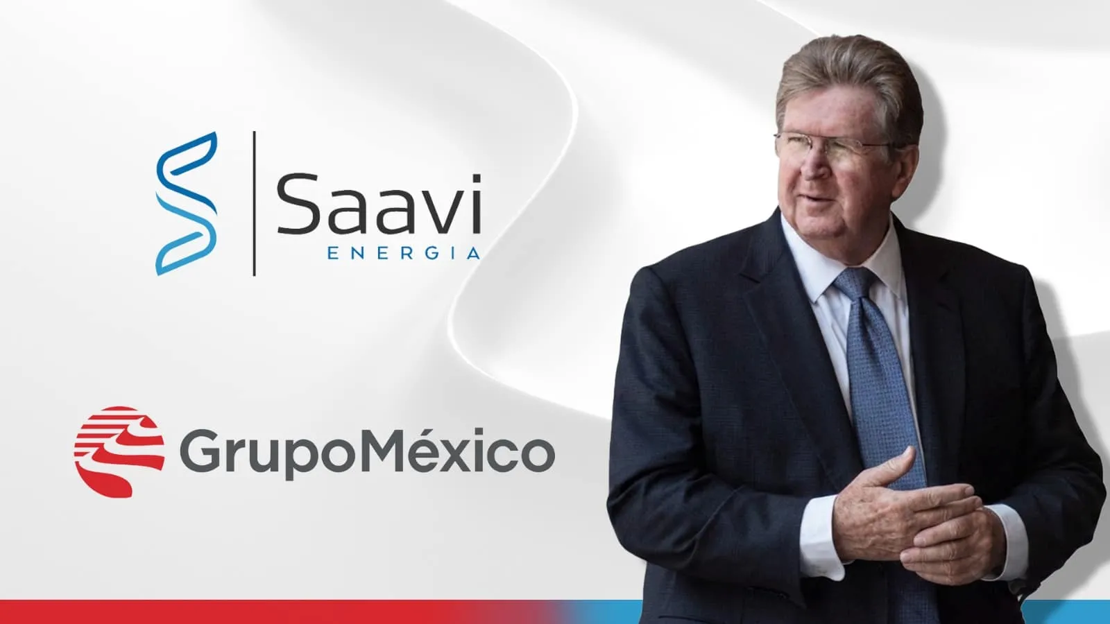 Businessman in a dark suit stands beside Saavi Energía and Grupo México logos on a light abstract background.