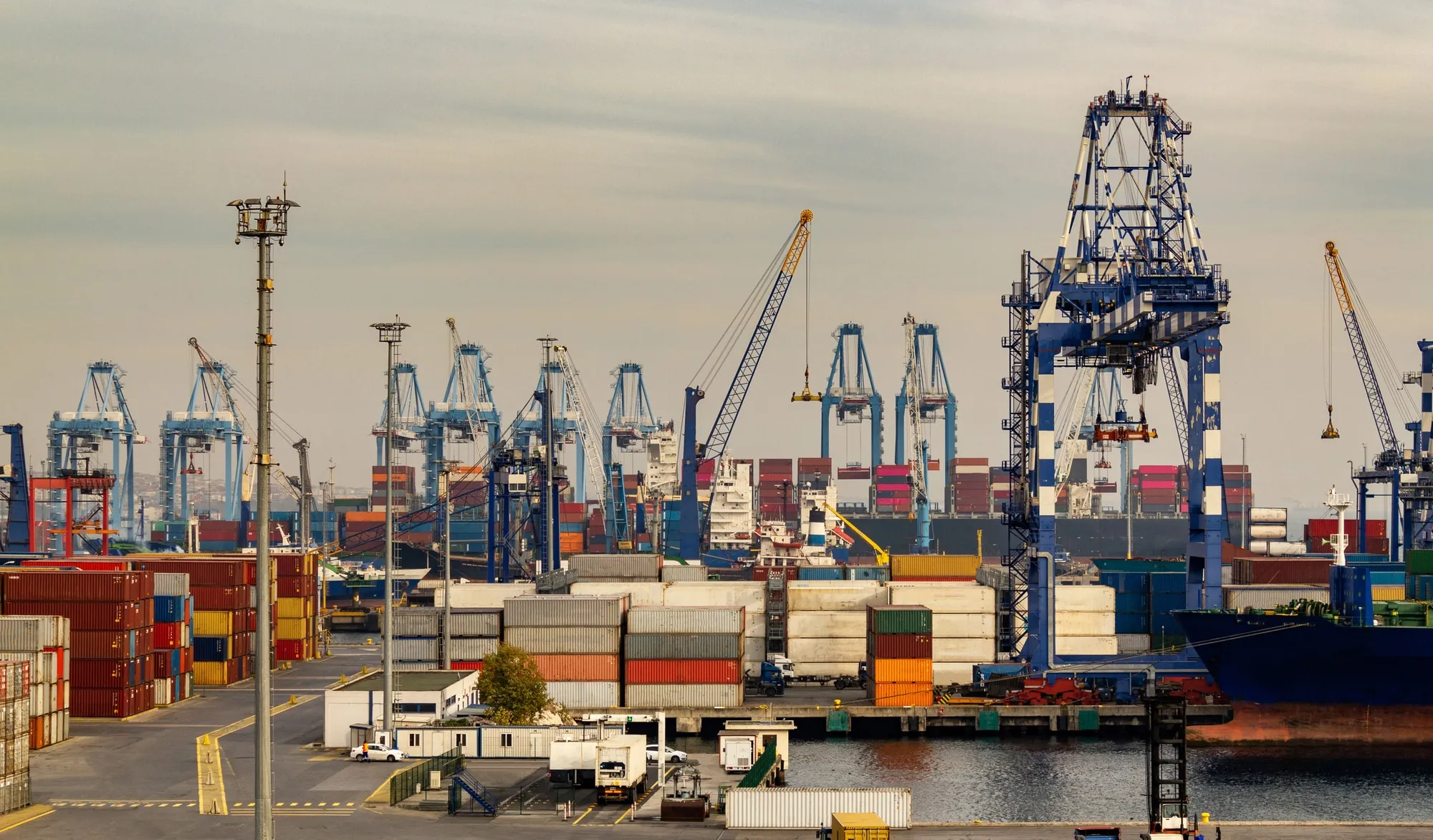 Busy shipping port with stacked containers and large blue gantry cranes handling cargo ships on the dock