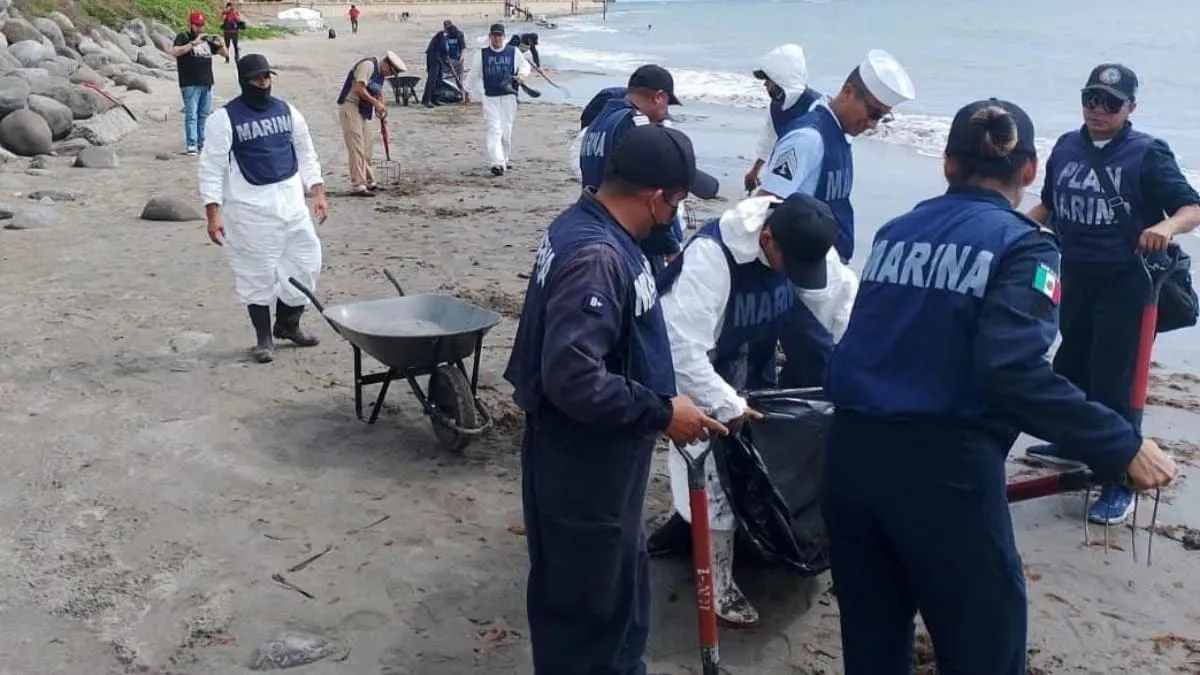 Marina crew in blue vests and white coveralls cleaning a sandy beach by the water with bags and tools nearby.