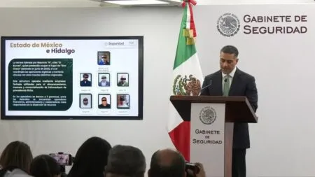 Man in a suit gives a briefing at a Gabinete de Seguridad podium, with a Mexican flag beside him and a presentation slide on screen labeled 'Estado de México e Hidalgo'.