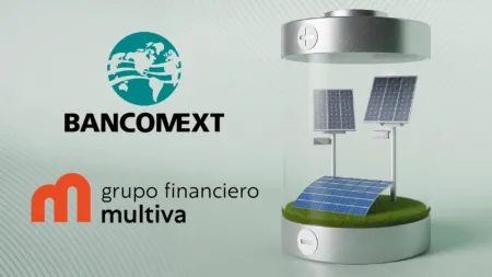 Illustration of a solar-energy device with panels, featuring Bancomext and Multiva logos to convey sustainable financing.