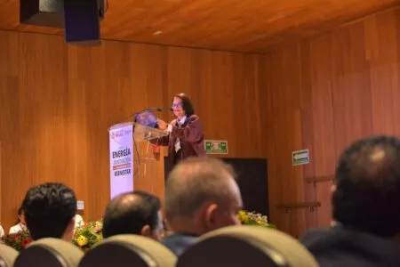 Speaker at a podium giving a presentation in a wood-paneled conference hall; banner reads 'ENERGÍA INNOVACIÓN BIENESTAR'.