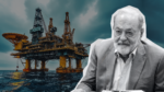 Collage of an offshore oil rig with a suited older man in the foreground, cut out in white, suggesting business and energy industry topics