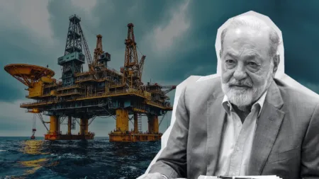 Collage of an offshore oil rig with a suited older man in the foreground, cut out in white, suggesting business and energy industry topics