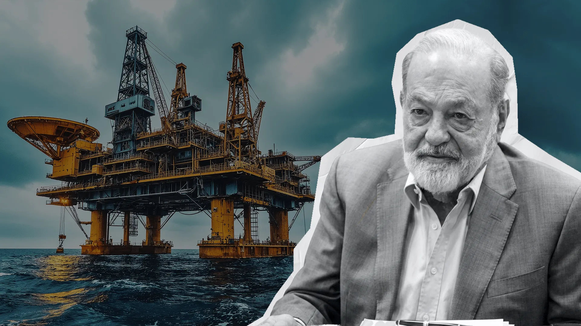 Collage of an offshore oil rig with a suited older man in the foreground, cut out in white, suggesting business and energy industry topics