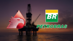 Petrobras branding on an offshore oil rig at sunset with a large red sculpture and BR logo in the sky-green block reads PETROBRAS (informational image).