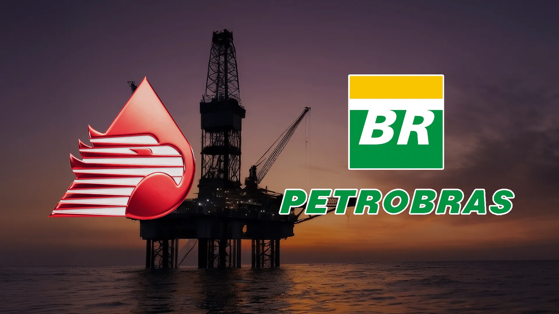 Petrobras branding on an offshore oil rig at sunset with a large red sculpture and BR logo in the sky-green block reads PETROBRAS (informational image).