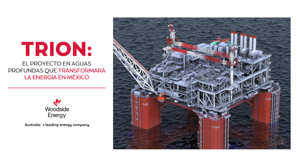 img_notaexpo_trion_ - Petróleo y Energía Offshore oil platform with red and white structures on the right; TRION text and Woodside Energy branding on the left.