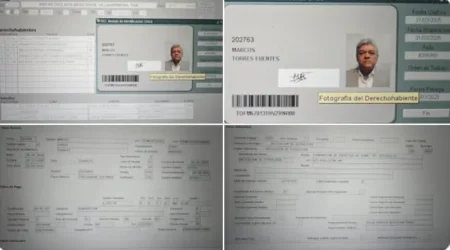 Four-screen montage of an ID verification interface showing a portrait photo, a barcode, and the name MARCOS TORRES FUENTES on the document.