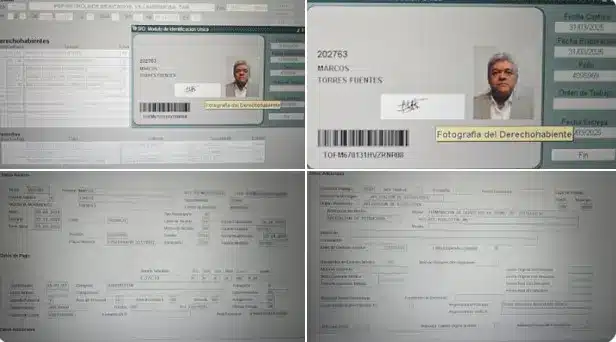 Four-screen montage of an ID verification interface showing a portrait photo, a barcode, and the name MARCOS TORRES FUENTES on the document.