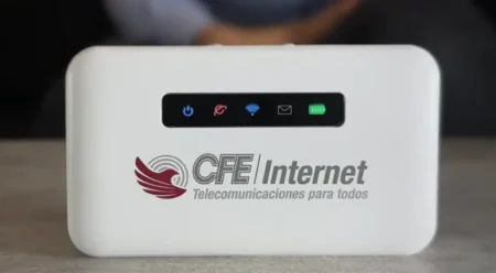 White Wi‑Fi router with a black front status strip showing LEDs; CFE Internet logo on the front.