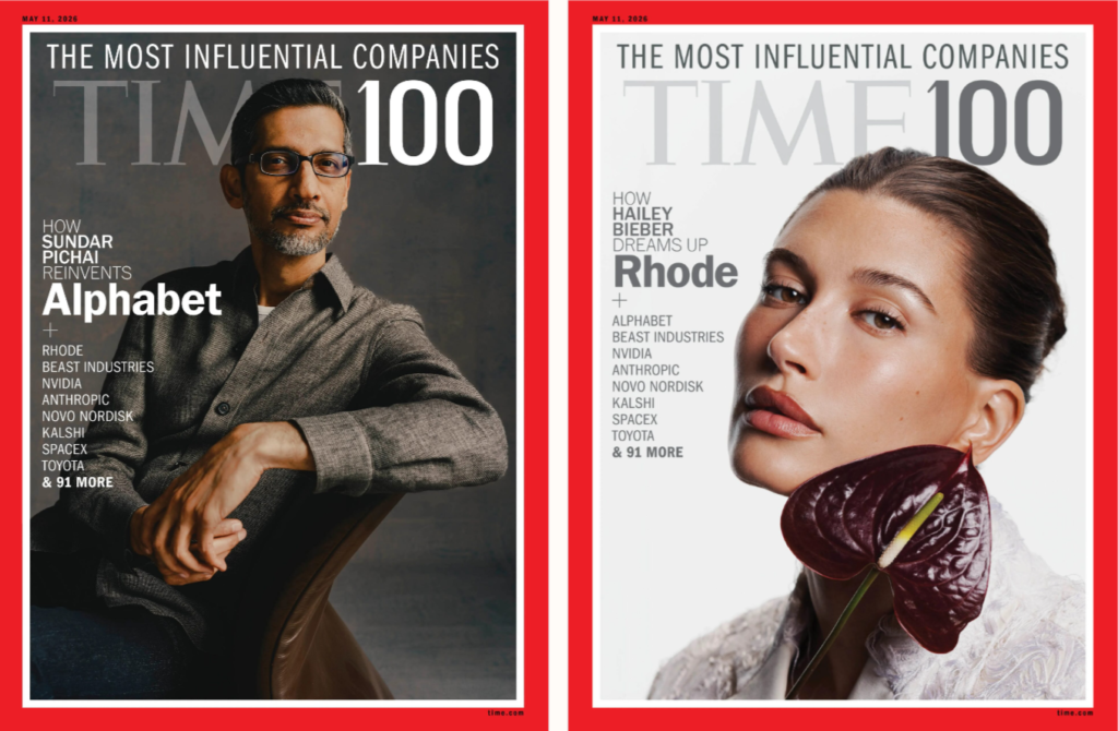 Captura de pantalla 2026-05-05 135007 - Petróleo y Energía Two Time magazine covers side by side: Sundar Pichai on the left and Hailey Bieber on the right, each with a bold 'TIME 100' layout and red border.