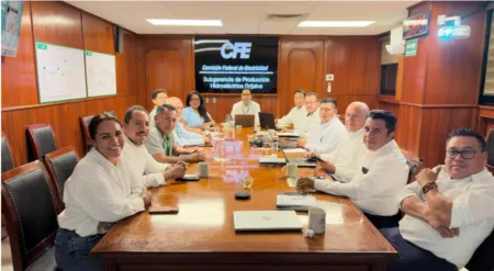 Group of professionals seated around a long wooden conference table in a meeting room, with a screen showing the CFE logo and text in Spanish in the background.