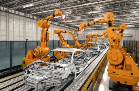 Orange industrial robots assemble car bodies on an automotive production line in a factory setting.