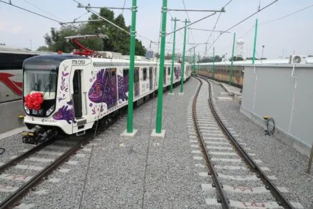 Front and side view of a white electric passenger train with purple decorative artwork, on a curved track with green overhead power poles and wires.