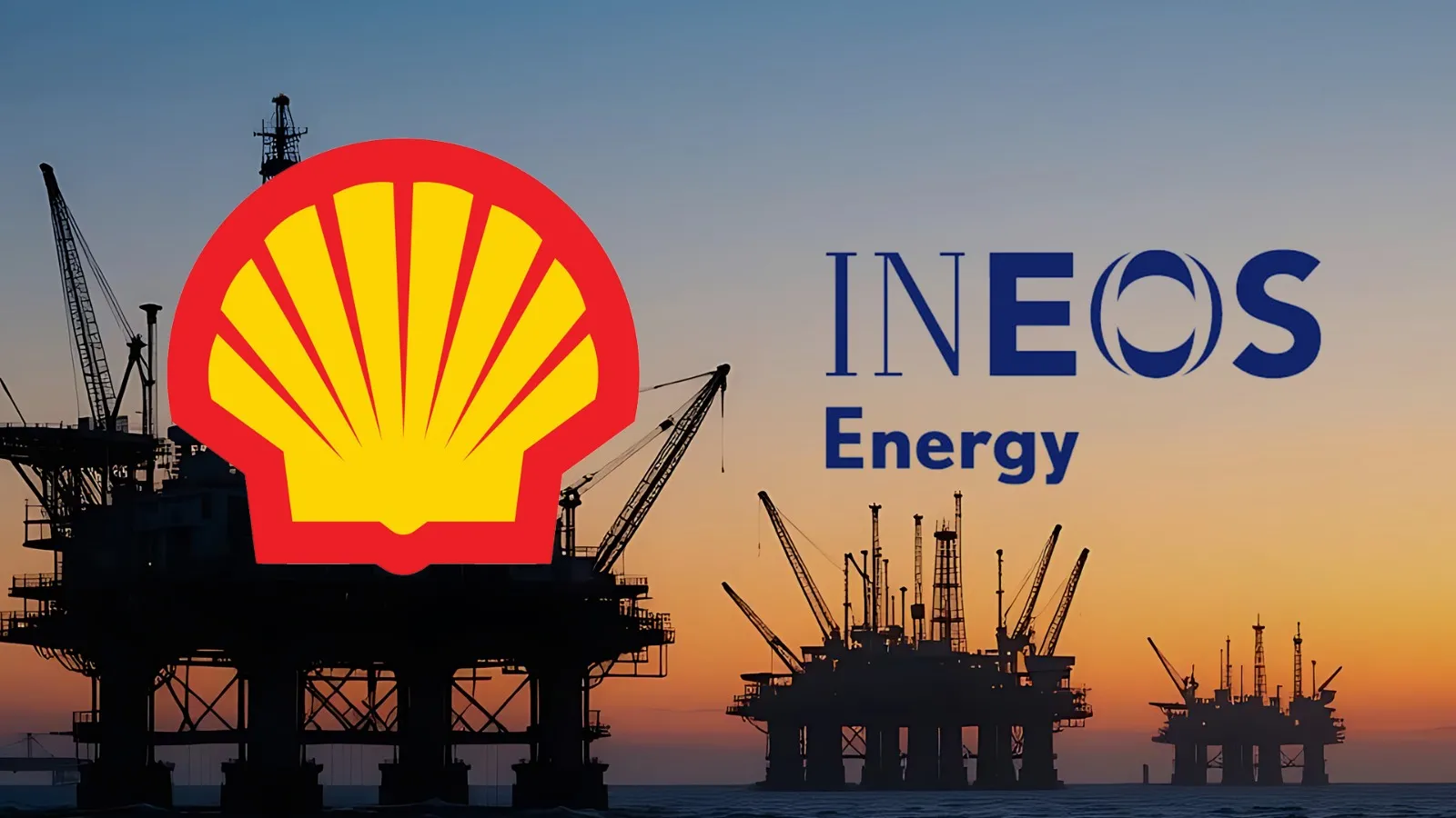 Silhouetted offshore oil rigs at sunset with a large Shell emblem and INEOS Energy branding overlay
