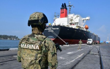 Soldier in camo with a ‘MARINA’ patch standing on a port quay, facing a large black and red cargo ship.