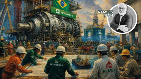 Oil and gas construction site with Petrobras-branded equipment and workers in hard hats assembling a massive turbine.