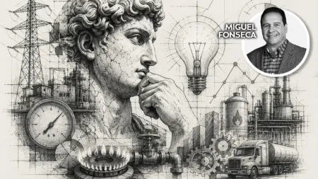 Sketch-style collage of a thinking classical bust amid gauges, pipes and industrial structures with a circular Miguel Fonseca portrait badge on the right.