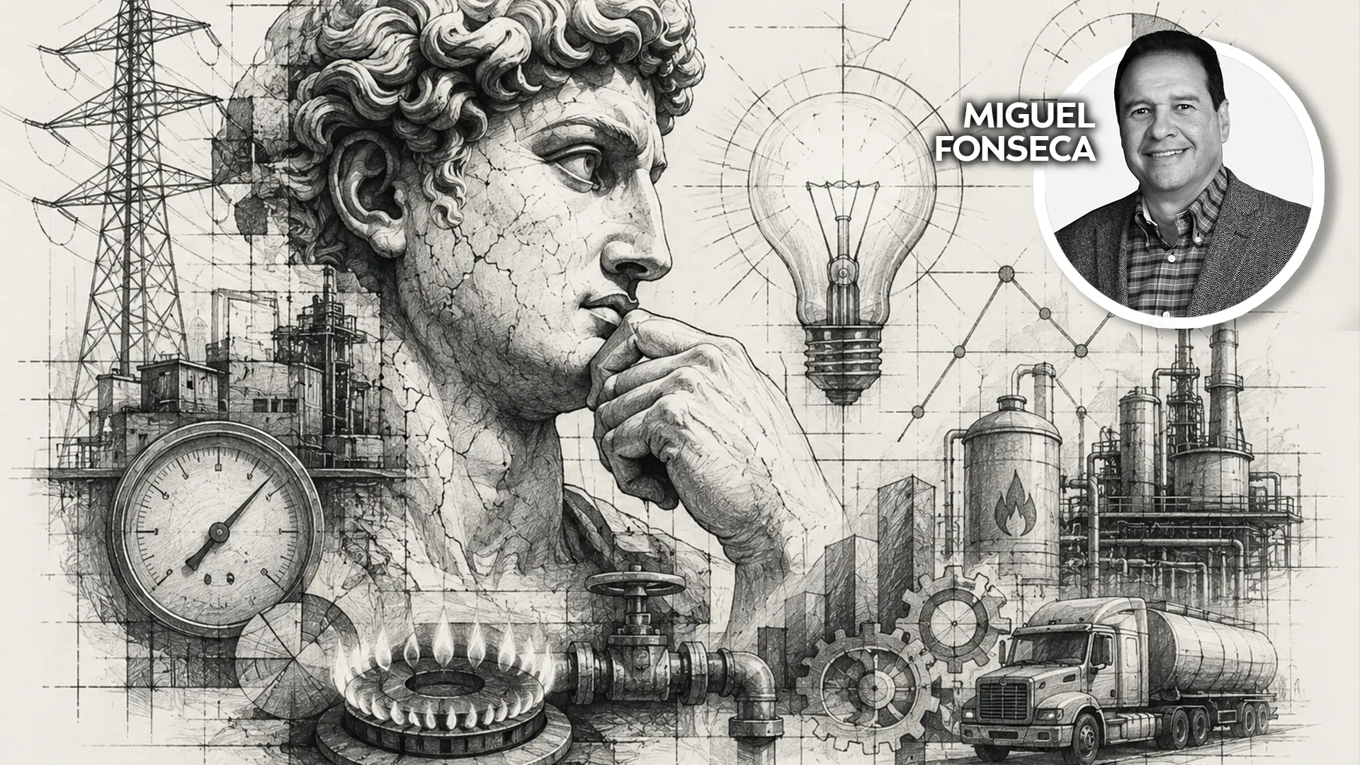 Sketch-style collage of a thinking classical bust amid gauges, pipes and industrial structures with a circular Miguel Fonseca portrait badge on the right.