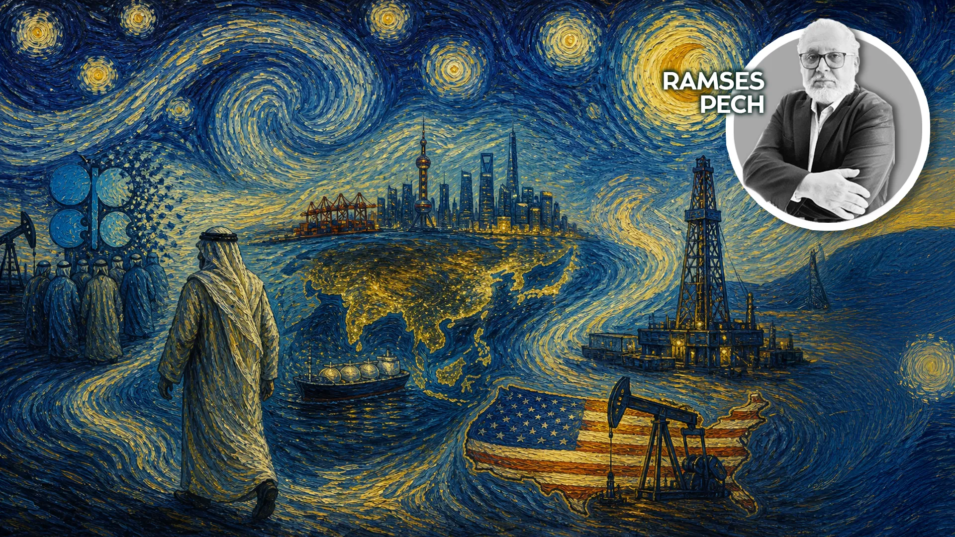 Van Gogh–inspired night seascape with offshore rigs and workers, plus a circular headshot of Ramses Pech in the top-right labeled with his name