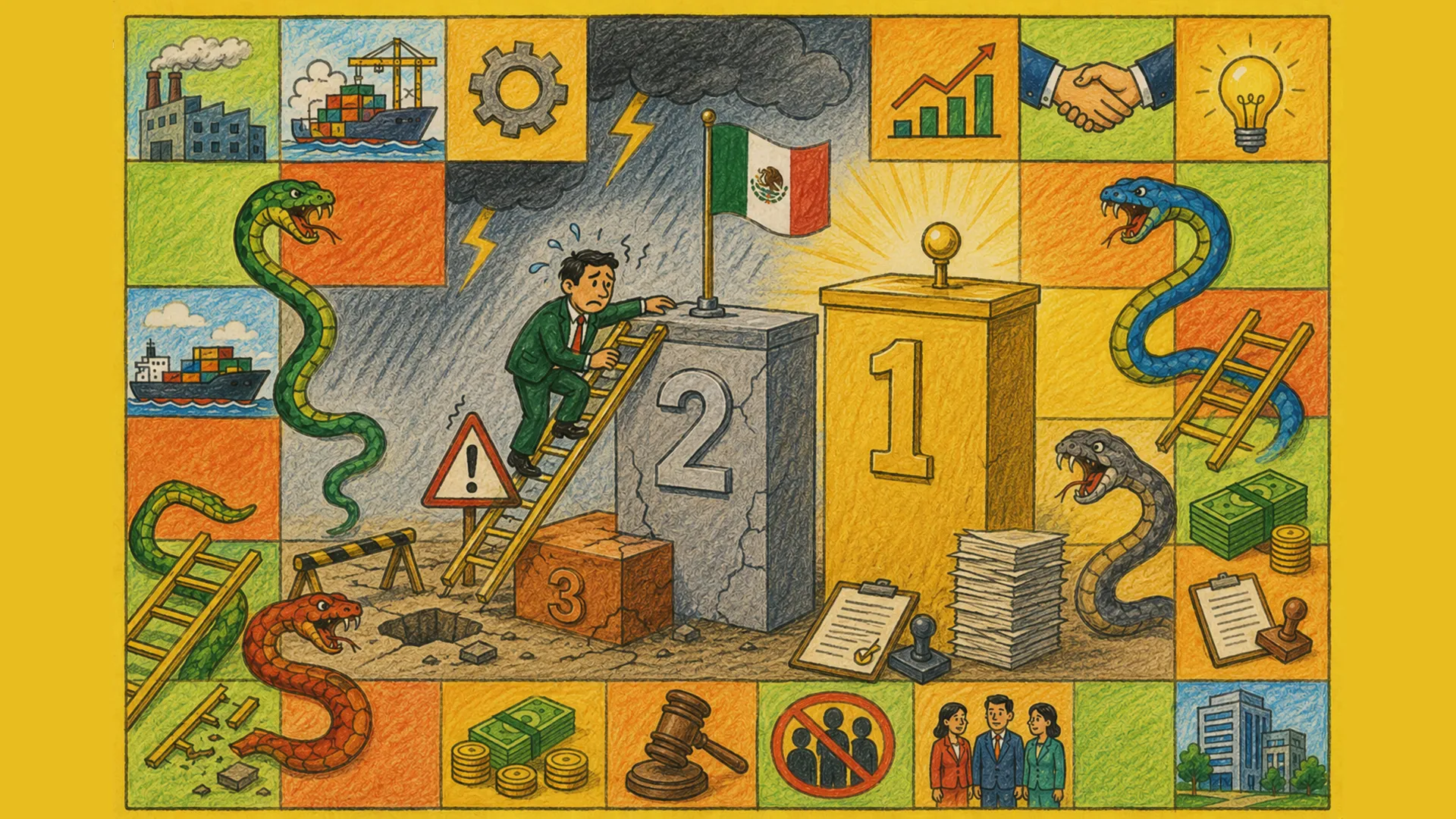 Colorful collage showing economic themes: a man on a ladder climbs toward a numbered podium with the Mexican flag, snakes, ships, factories, money, gears, and charts surrounding him.