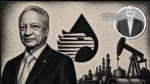 Illustrated scene of a man in a suit standing in front of an oil field with rig structures in the background.