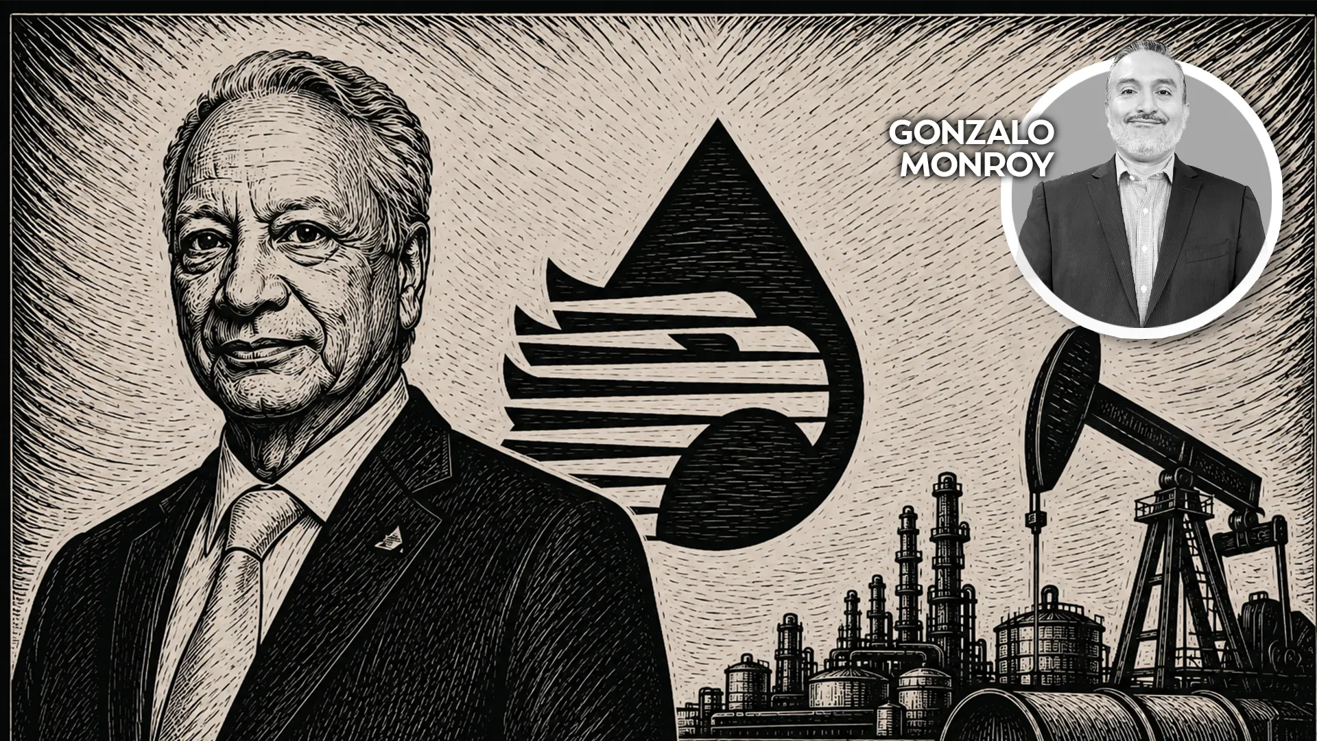 Illustrated scene of a man in a suit standing in front of an oil field with rig structures in the background.