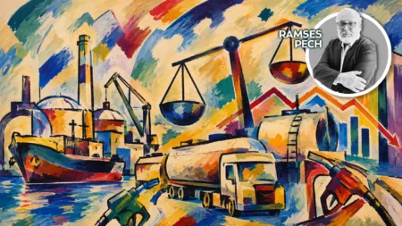 Colorful abstract painting of a harbor with ships, cranes, and factories in vibrant brushstrokes at sunset-like tones, occupying the scene's left-to-right sweep.