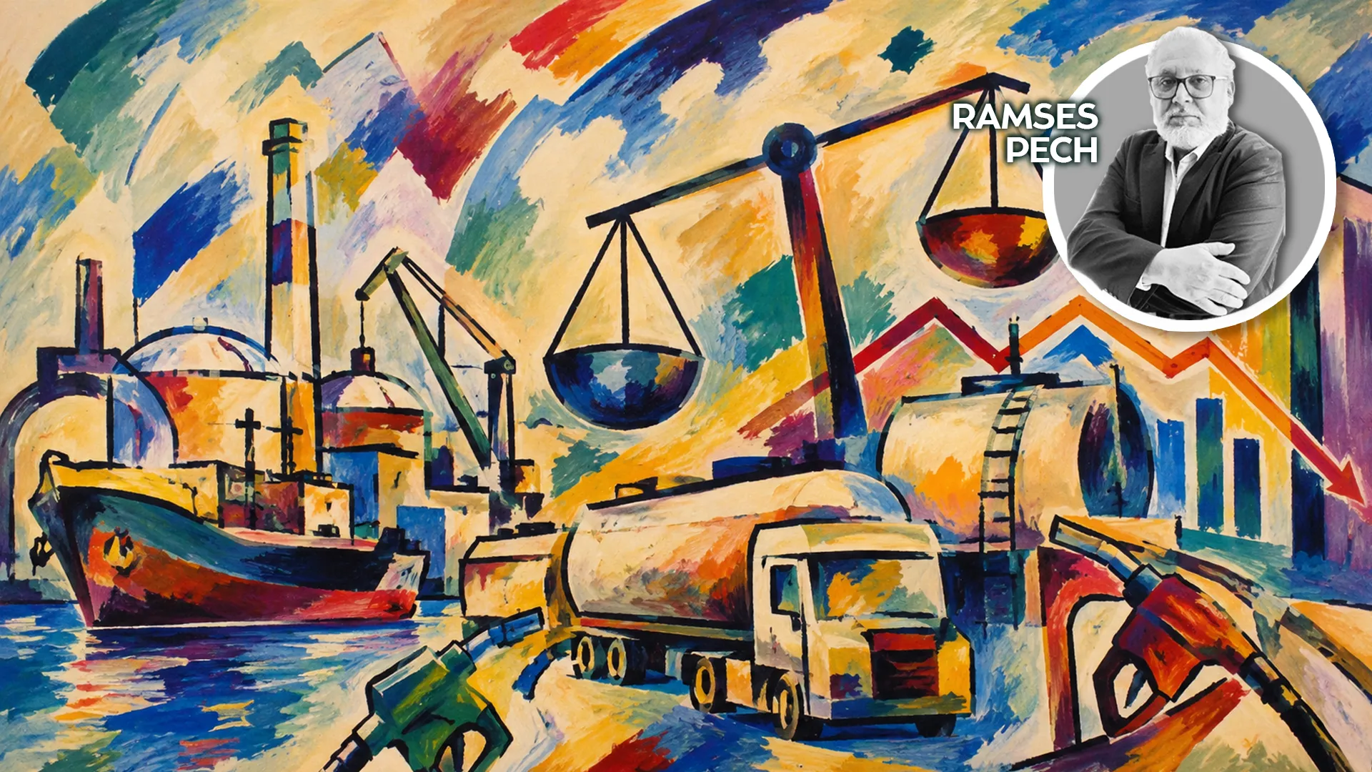 Colorful abstract painting of a harbor with ships, cranes, and factories in vibrant brushstrokes at sunset-like tones, occupying the scene's left-to-right sweep.