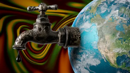 Rusty faucet dripping water toward the Earth, with swirling green‑orange background suggesting a water crisis reminder.