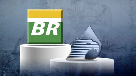 BR branding block on a pedestal with a metallic abstract sculpture to the right against a blue textured wall, conveying a corporate display idea.