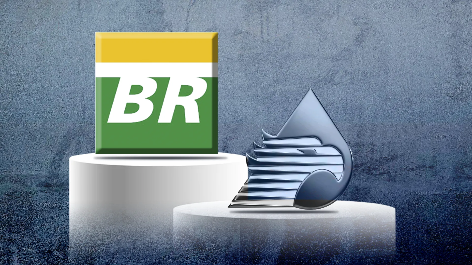 BR branding block on a pedestal with a metallic abstract sculpture to the right against a blue textured wall, conveying a corporate display idea.