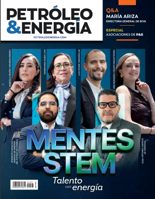 Cover of Petróleo & Energía magazine featuring diverse STEM professionals and a bold 'MENTES STEM' title.