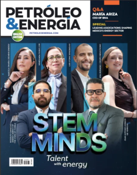 Magazine cover: Petróleo & Energía featuring six professionals and the bold STEM MINDS title on a dark blue background.