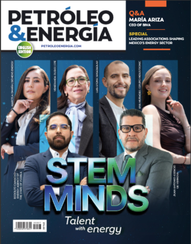 Magazine cover: Petróleo & Energía featuring six professionals and the bold STEM MINDS title on a dark blue background.