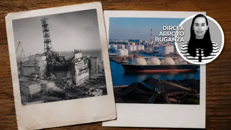 Two photos on a wooden surface: left shows a damaged industrial facility, right shows an oil port with a tanker and storage tanks, overlaid by a circular badge bearing the name Dircea Arroyo Buganza.