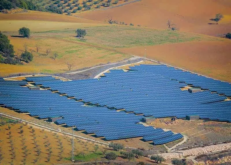 Rows of blue solar panels cover a sloped rural field, forming a large solar farm in a dry landscape.