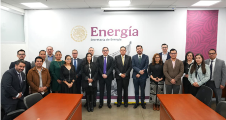 Group of professionals in formal attire posing for a photo in a conference room, with a banner reading 'Energía Secretaría de Energía' in the background.