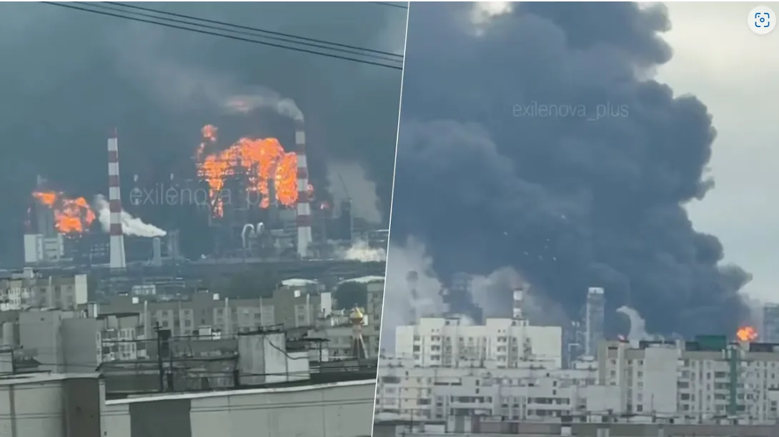Split-screen view of an industrial facility on fire with bright flames and thick smoke rising above city buildings nearby.