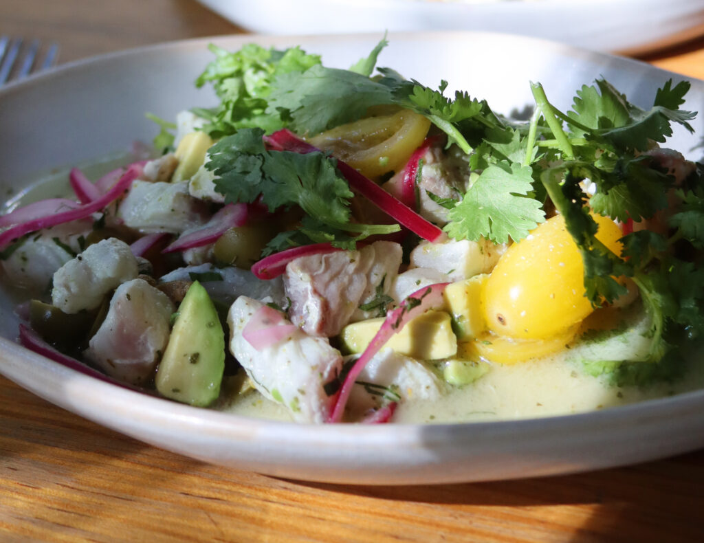Cevicheblanco3 - Petróleo y Energía Bowl of colorful seafood salad topped with cilantro, red onion, avocado, and yellow pepper slices.