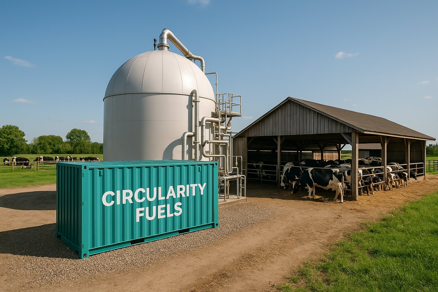 A white dome-shaped industrial tank with metal pipes beside a turquoise container labeled 'CIRCULARITY FUELS' on a farm path, cows in a shelter nearby.