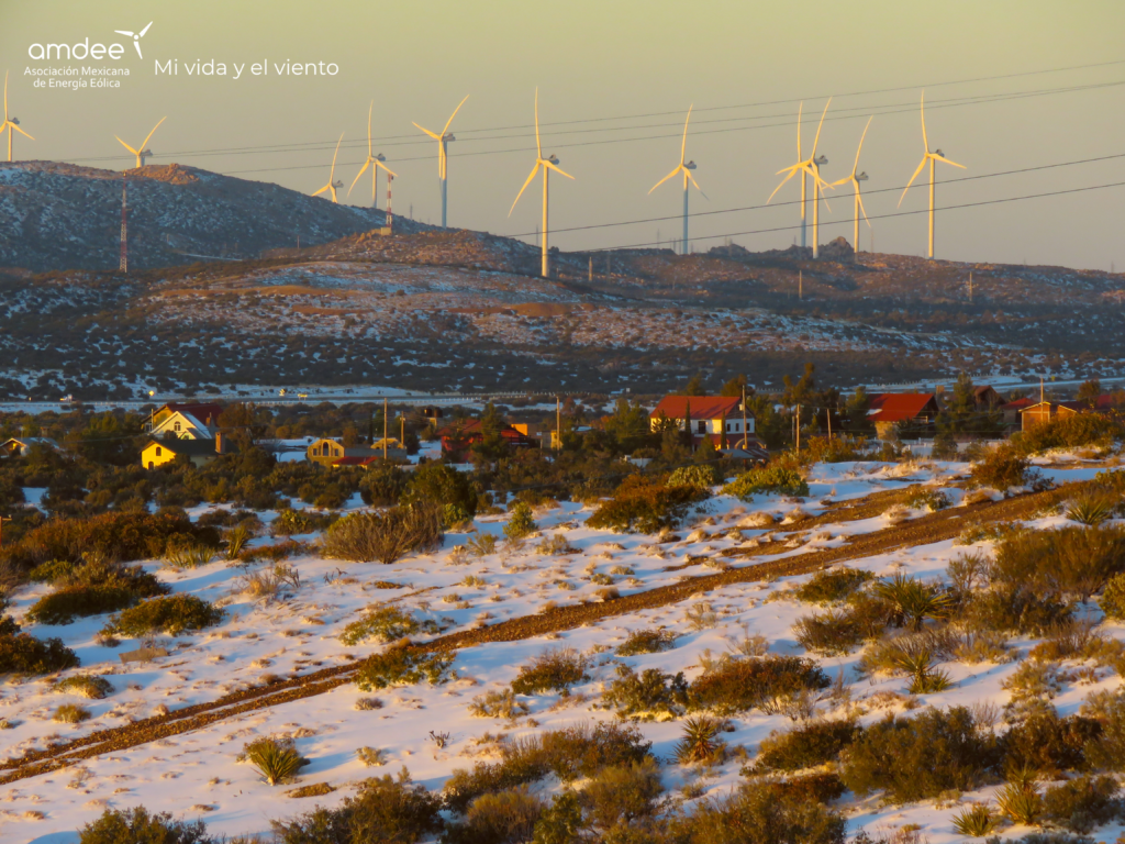 Copia de daniel-edgardo-perez-hora-dorada-260610121740_XgFH8RHK - Petróleo y Energía AMDEE logo in the top-left with a wind-energy banner over a snowy hillside windy landscape showing multiple wind turbines and a small town below.