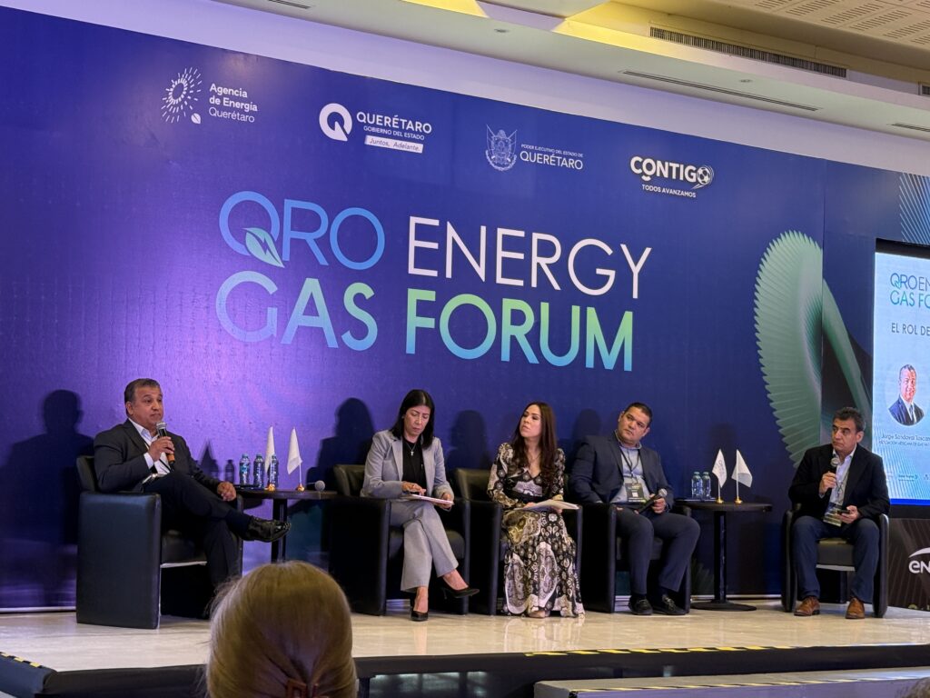 - Petróleo y Energía Panel discussion on a blue backdrop with logos; five professionals sit in chairs on a stage with microphones and notepads.