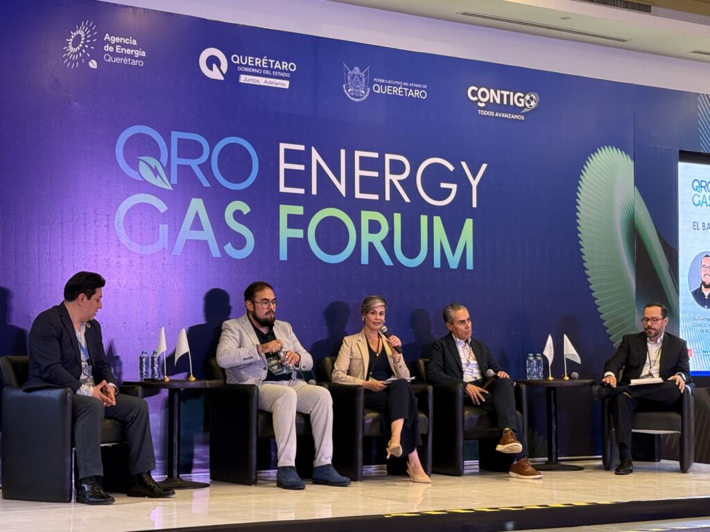 - Petróleo y Energía Panel of six professionals seated in a row on a stage, microphones and water bottles in front, against a blue backdrop that reads'QRO ENERGY GAS FORUM' with logos at the top left.