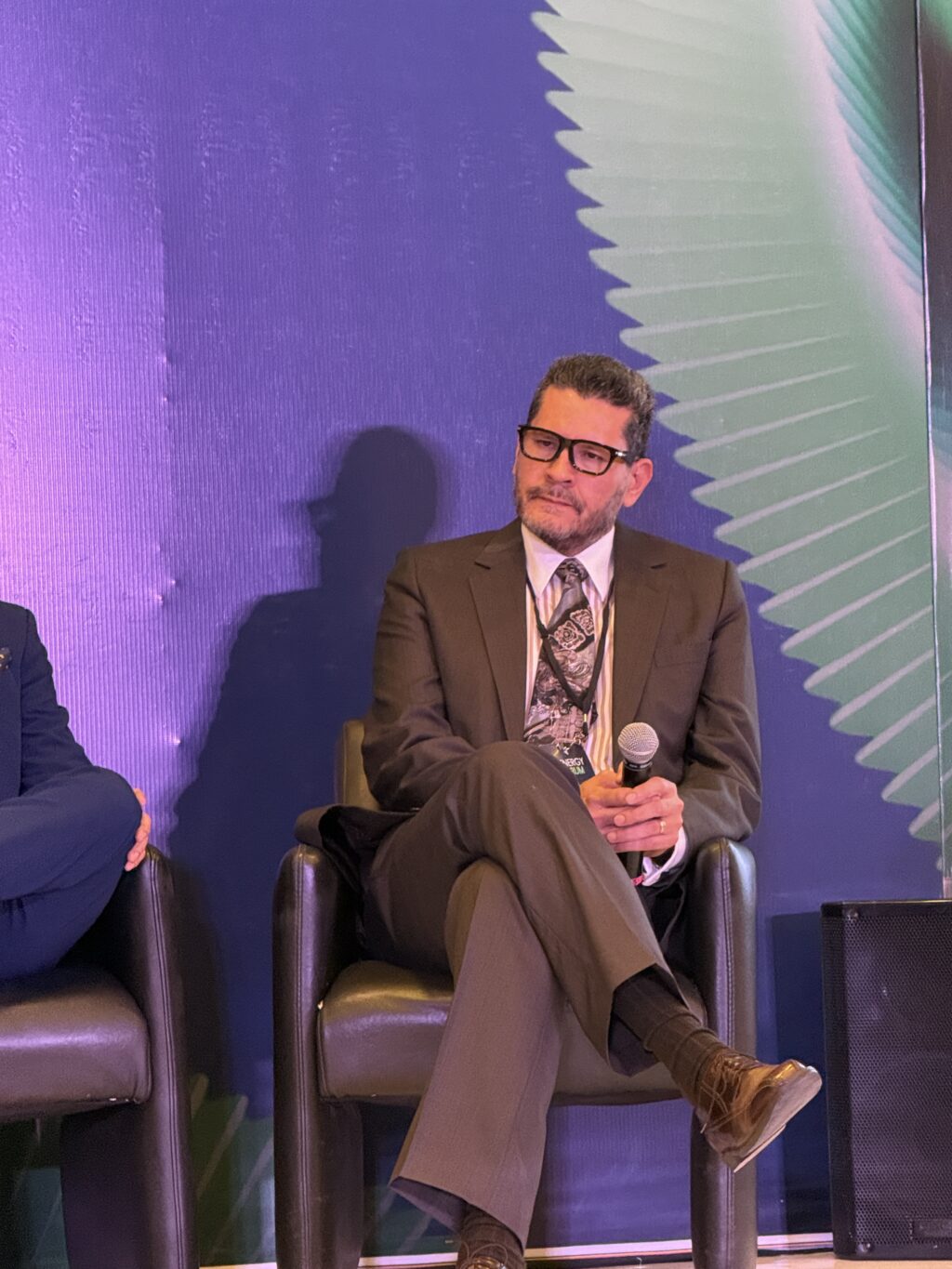 IMG_4456 - Petróleo y Energía Man in a brown suit and patterned tie sits on a panel, holding a microphone, against a purple-green backdrop.